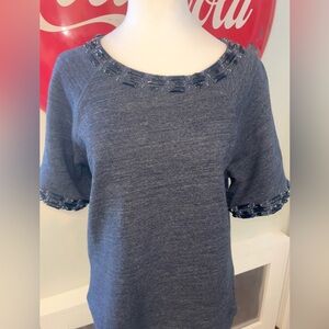 J Crew Bejeweled Navy 100% Cotton Top Soft Sweatshirt Material GUC size M